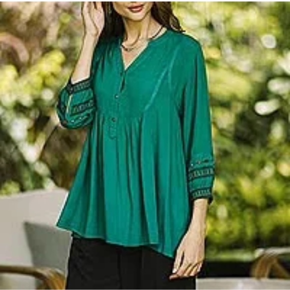 Embroidered Green Viscose Tunic, "Viridian Beauty - Picture 1 of 11
